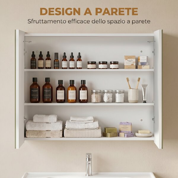 Kleankin Specchio Bagno Contenitore con Luce LED, 80 x 65cm Mobile Bagno con Specchio, Anta Soft Close, Dimmerabile a 3 Colori, Ripiani Regolabili, Bianco Lucido | Aosom Italy
