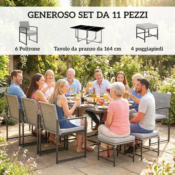 Outsunny Set Pranzo Patio 11 Pezzi, Mobili Esterno Con 6 Poltrone, 4 Pouf, Grigio | Aosom Italy