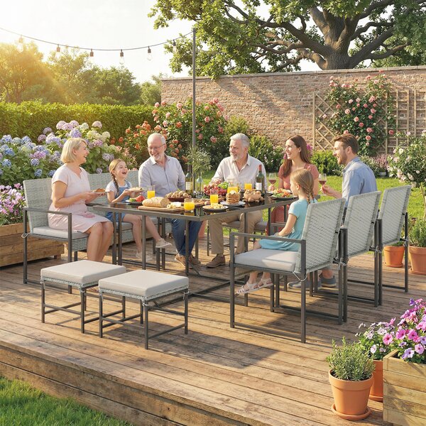 Outsunny Set Pranzo Patio 11 Pezzi, Mobili Esterno Con 6 Poltrone, 4 Pouf, Grigio | Aosom Italy