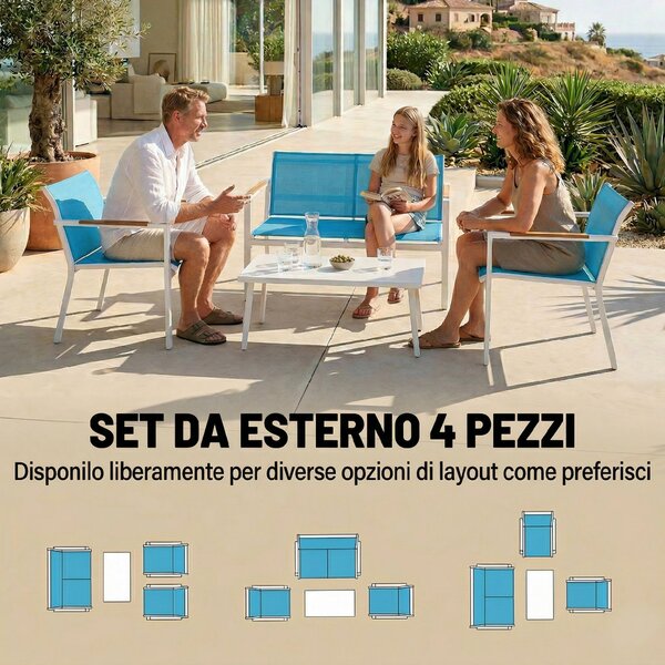 Outsunny Set Giardino 4 Posti Divano, Poltrone, Tavolo in Metallo, Blu. | Aosom Italy