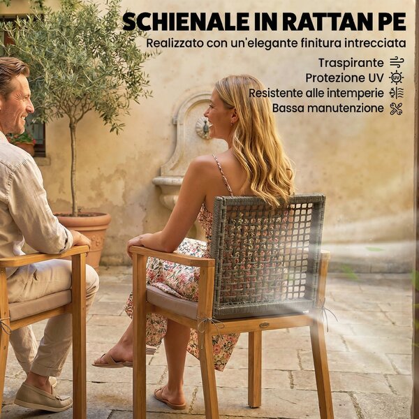 Outsunny Set 2 Sedie Legno Acacia con Cuscini e Cuscinetti Decorativi, Naturale. | Aosom Italy