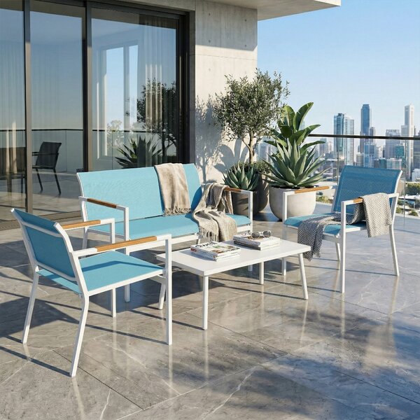 Outsunny Set Giardino 4 Posti Divano, Poltrone, Tavolo in Metallo, Blu. | Aosom Italy