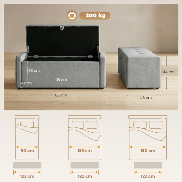 HOMCOM Cassapanca 142L Pouf Contenitore, Seduta Ampia Imbottita, in Lino, Capacità 200 kg, Grigio Chiaro | Aosom Italy
