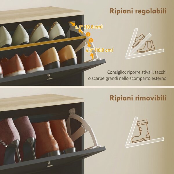HOMCOM Scarpiera Salvaspazio a 4 Cassetti con Ripiani Regolabili su 2 Livelli, 60x23.5x153.3 cm, Nero | Aosom Italy