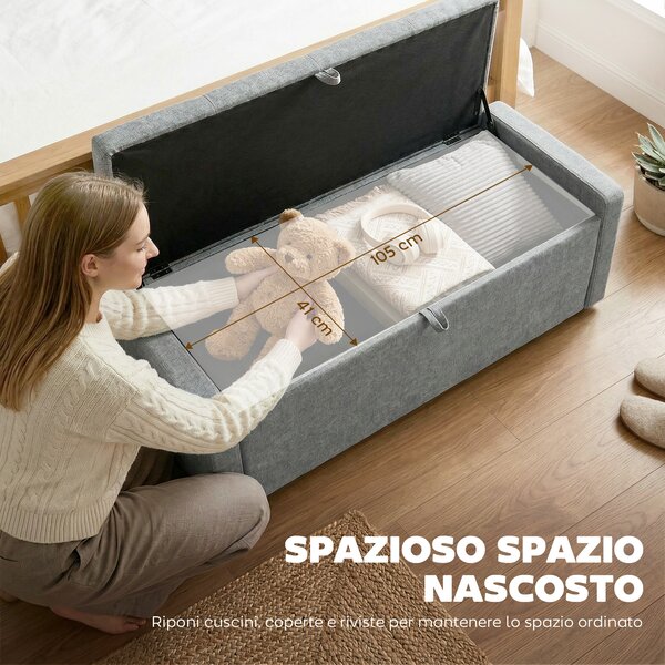 HOMCOM Cassapanca 142L Pouf Contenitore, Seduta Ampia Imbottita, in Lino, Capacità 200 kg, Grigio Chiaro | Aosom Italy