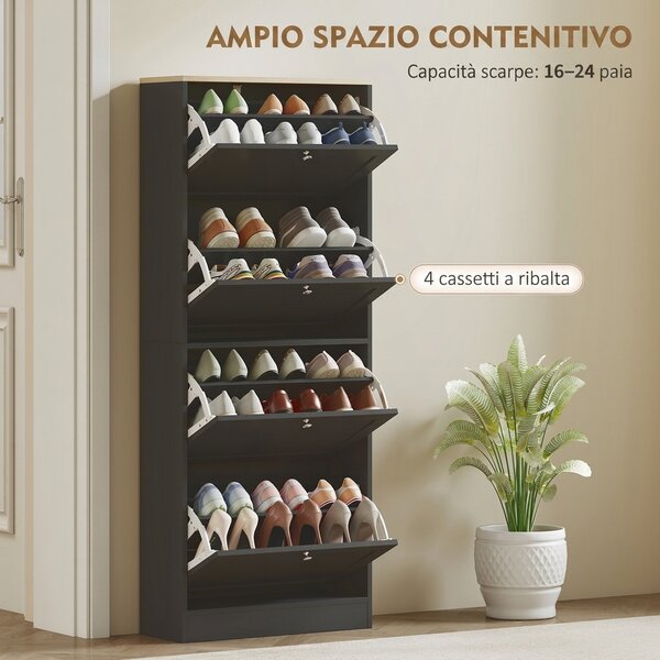 HOMCOM Scarpiera Salvaspazio a 4 Cassetti con Ripiani Regolabili su 2 Livelli, 60x23.5x153.3 cm, Nero | Aosom Italy