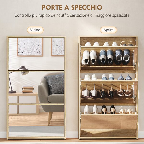 HOMCOM Scarpiera a Specchio con 3 Cassetti a Ribalta per 9 Paia di Scarpe, in Legno, 65x17x114.5 cm, Color Legno | Aosom Italy