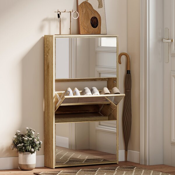 HOMCOM Scarpiera a Specchio con 3 Cassetti a Ribalta per 9 Paia di Scarpe, in Legno, 65x17x114.5 cm, Color Legno | Aosom Italy