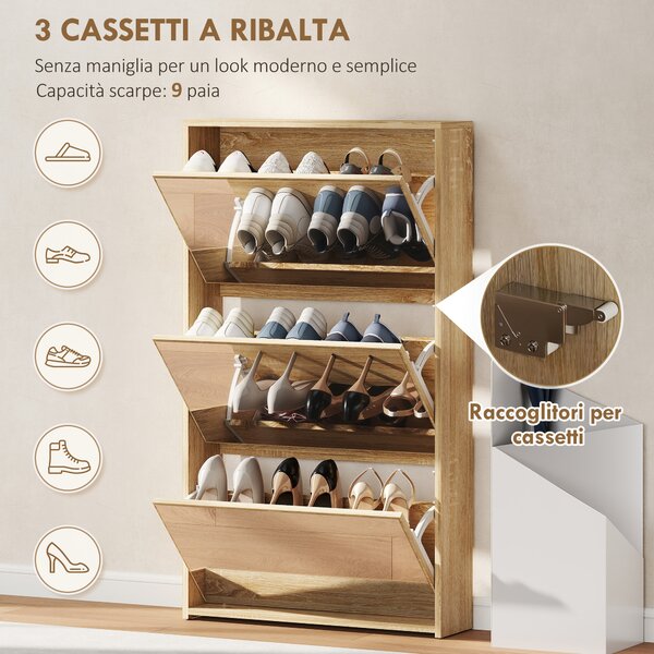 HOMCOM Scarpiera a Specchio con 3 Cassetti a Ribalta per 9 Paia di Scarpe, in Legno, 65x17x114.5 cm, Color Legno | Aosom Italy