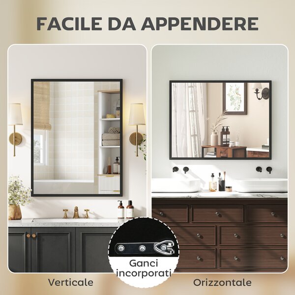 HOMCOM Specchio Bagno Parete Rettangolare con Ganci, Specchio da Camera in Vetro e MDF, 70x90 cm, Nero | Aosom Italy