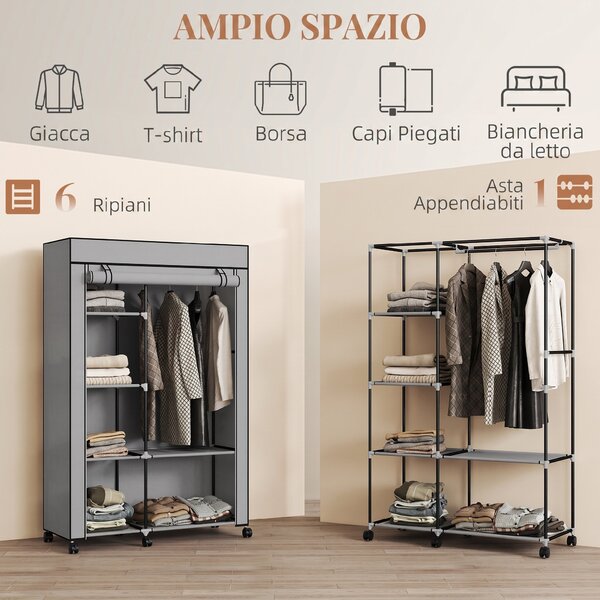 HOMCOM Armadio Portatile in Tessuto non Tessuto e Acciaio con Ruote, 6 Ripiani Aperti, Appendino, Grigio Chiaro | Aosom Italy