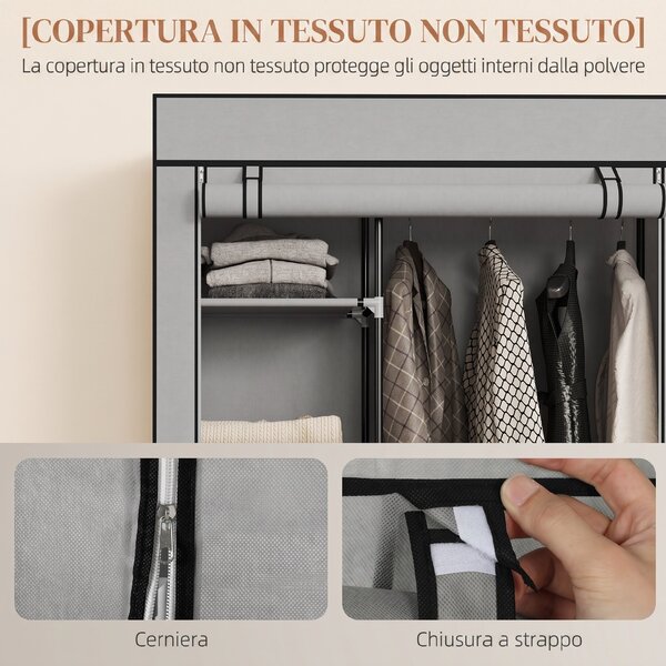 HOMCOM Armadio Portatile in Tessuto non Tessuto e Acciaio con Ruote, 6 Ripiani Aperti, Appendino, Grigio Chiaro | Aosom Italy