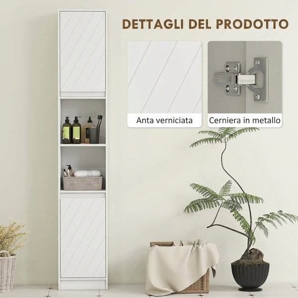HOMCOM Mobile Colonna Bagno Salvaspazio in Legno con 2 Armadietti e Ripiani, 30x24x170 cm, Bianco | Aosom Italy