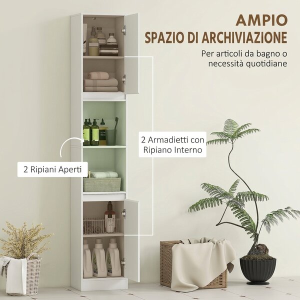 HOMCOM Mobile Colonna Bagno Salvaspazio in Legno con 2 Armadietti e Ripiani, 30x24x170 cm, Bianco | Aosom Italy
