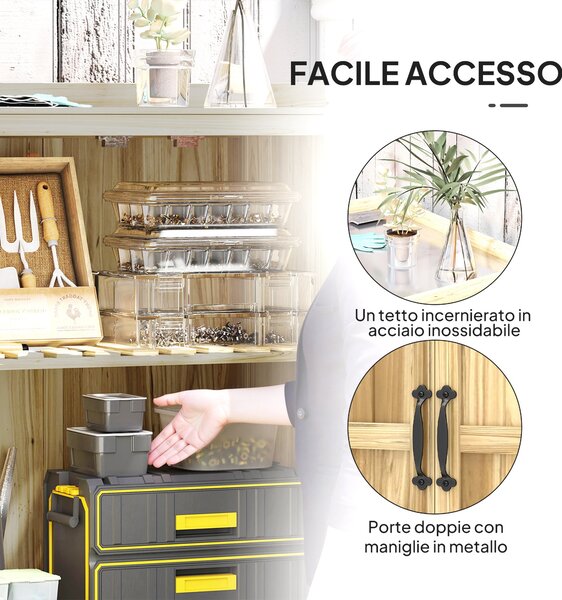 Outsunny Armadietto da Esterno, Capanno Porta Attrezzi con Mensola, in Legno con 2 Ante per Giardino, Patio, Color Legno | Aosom Italy