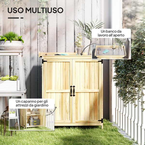 Outsunny Armadietto da Esterno, Capanno Porta Attrezzi con Mensola, in Legno con 2 Ante per Giardino, Patio, Color Legno | Aosom Italy