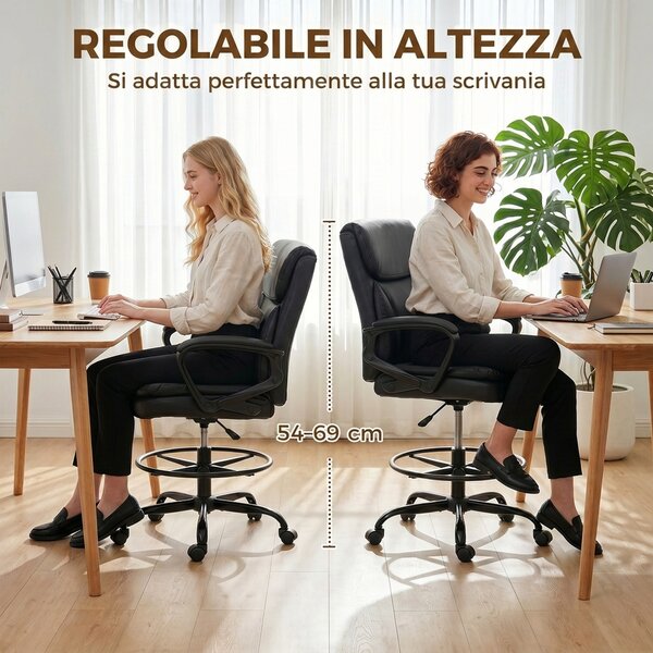 HOMCOM Sedia Ufficio Girevole in Finta Pelle, Altezza Regolabile, Schienale Alto, Braccioli, per Studio, Nero | Aosom Italy
