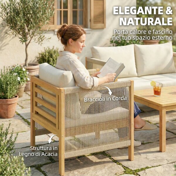 Outsunny Set giardino 4 pezzi in legno di acacia con cuscini, Beige | Aosom Italy