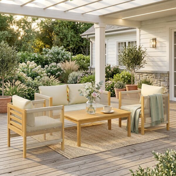 Outsunny Set giardino 4 pezzi in legno di acacia con cuscini, Beige | Aosom Italy