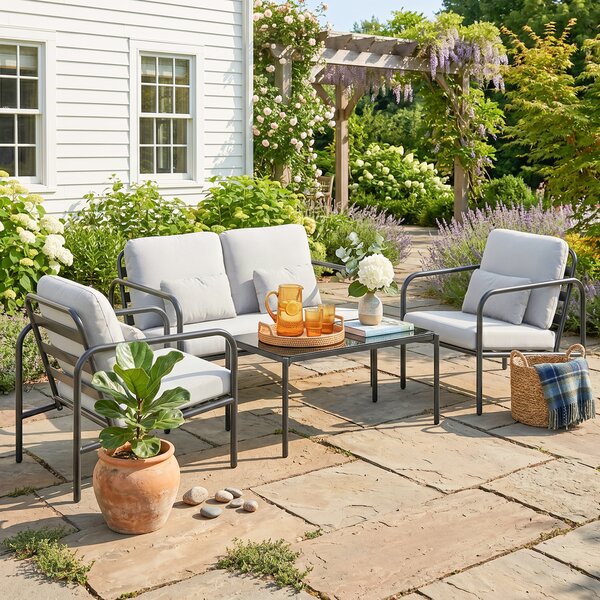 Outsunny Set Salotto da Giardino 4 Pezzi in Acciaio con Divano 2 Posti, 2 Poltrone, Tavolino, Cuscini, Grigio Chiaro | Aosom Italy