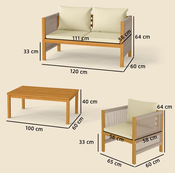 Outsunny Set giardino 4 pezzi in legno di acacia con cuscini, Beige | Aosom Italy