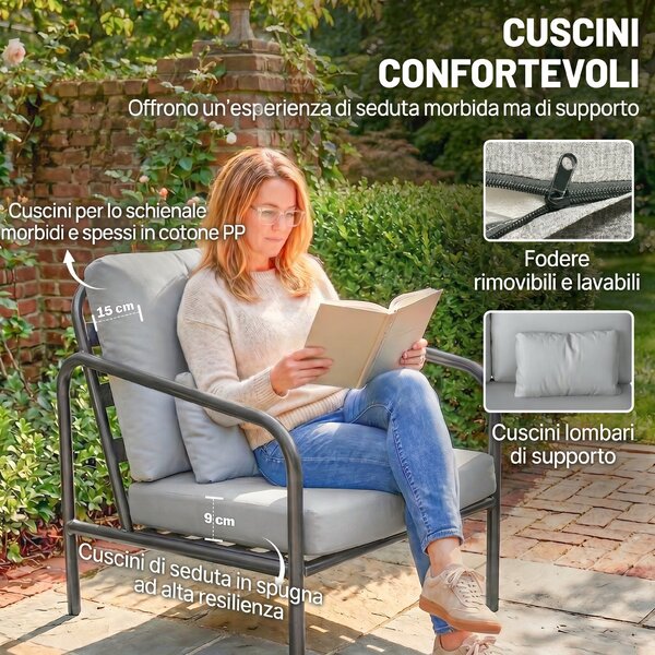 Outsunny Set Salotto da Giardino 4 Pezzi in Acciaio con Divano 2 Posti, 2 Poltrone, Tavolino, Cuscini, Grigio Chiaro | Aosom Italy
