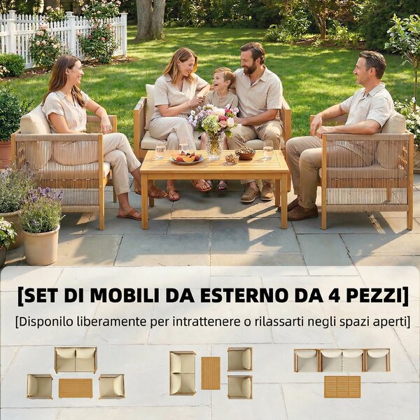 Outsunny Set giardino 4 pezzi in legno di acacia con cuscini, Beige | Aosom Italy
