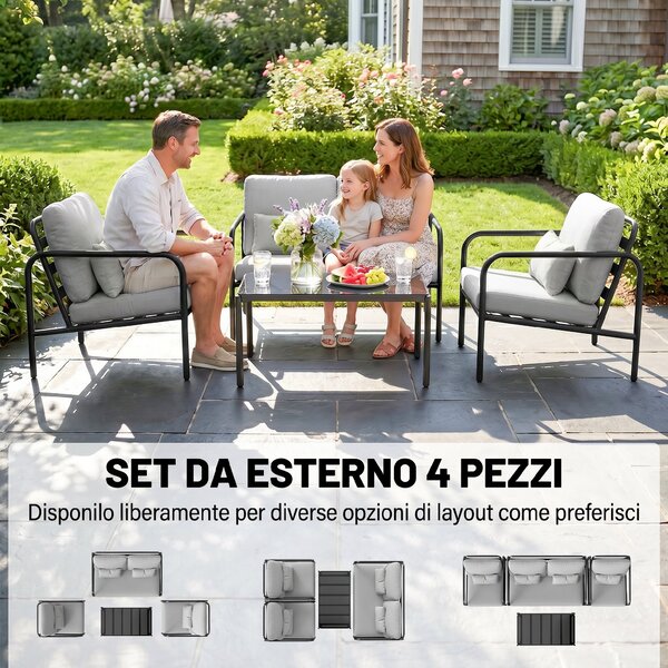 Outsunny Set Salotto da Giardino 4 Pezzi in Acciaio con Divano 2 Posti, 2 Poltrone, Tavolino, Cuscini, Grigio Chiaro | Aosom Italy