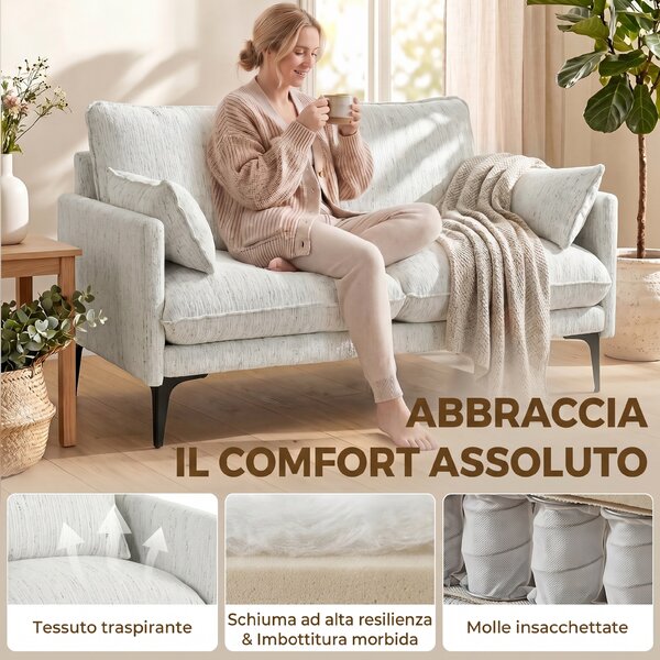 HOMCOM Divano 2 Posti in Lino Traspirante con Imbottitura Spessa, 2 Cuscini, Braccioli, per Soggiorno, Salotto, Bianco | Aosom Italy