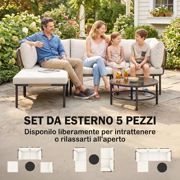 Outsunny Set Giardino 5 Pezzi, Rattan Componibile L con Cuscini, 192x126x60 cm, Colore Cachi | Aosom Italy