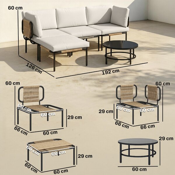 Outsunny Set Giardino 5 Pezzi, Rattan Componibile L con Cuscini, 192x126x60 cm, Colore Cachi | Aosom Italy