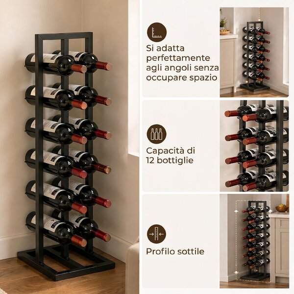 HOMCOM Cantinetta Vini Portabottiglie da Terra in Metallo per 12 Bottiglie, Nero | Aosom Italy