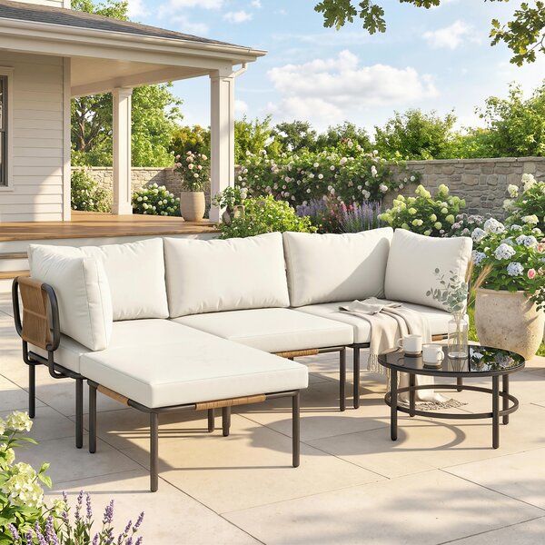 Outsunny Set Giardino 5 Pezzi, Rattan Componibile L con Cuscini, 192x126x60 cm, Colore Cachi | Aosom Italy