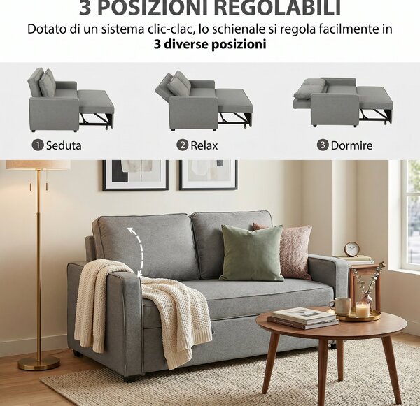 HOMCOM 3 in 1 Divano Letto 2 Posti con Schienale Regolabile in 3 Posizioni, 2 Cuscini, in Tessuto Effetto Lino Grigio | Aosom Italy