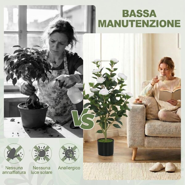HOMCOM Pianta Finta di Camelia con Fiori Realistici, 176 Foglie in PEVA e Vaso Nero in PP Riempito in Cemento, Bianco | Aosom Italy