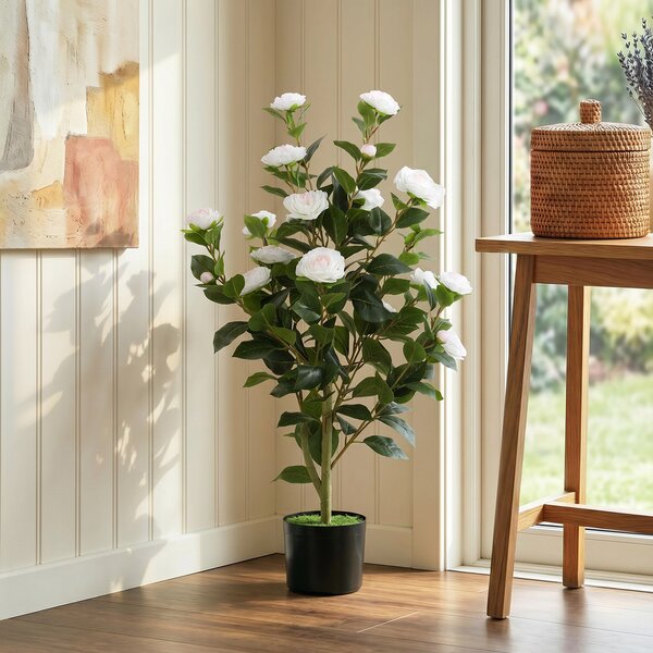 HOMCOM Pianta Finta di Camelia con Fiori Realistici, 176 Foglie in PEVA e Vaso Nero in PP Riempito in Cemento, Bianco | Aosom Italy