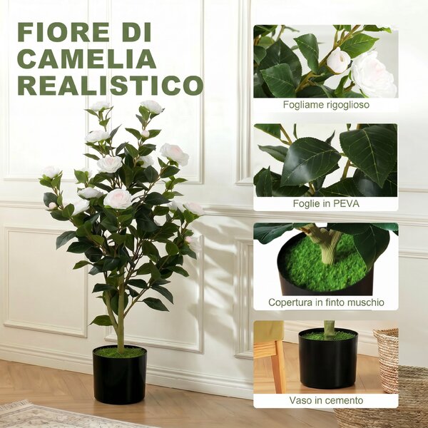 HOMCOM Pianta Finta di Camelia con Fiori Realistici, 176 Foglie in PEVA e Vaso Nero in PP Riempito in Cemento, Bianco | Aosom Italy