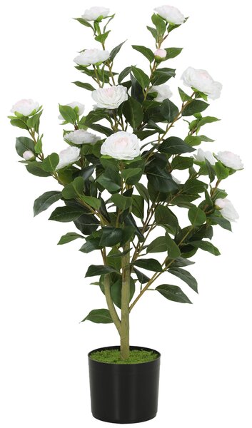 HOMCOM Pianta Finta di Camelia con Fiori Realistici, 176 Foglie in PEVA e Vaso Nero in PP Riempito in Cemento, Bianco | Aosom Italy