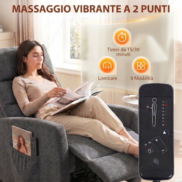 HOMCOM Poltrona Massaggiante Reclinabile Manuale 160° in Ciniglia con Poggiapiedi, Telecomando e Tasche, Grigio Scuro | Aosom Italy