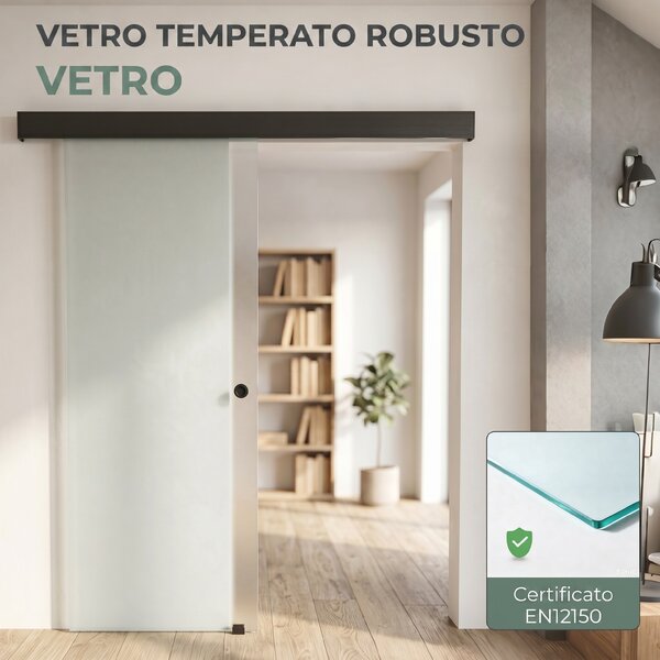 HOMCOM Porta Scorrevole Interna in Vetro Temperato Sabbiato con Binario Silenzioso, Guida, Kit Ferramenta, Trasparente | Aosom Italy