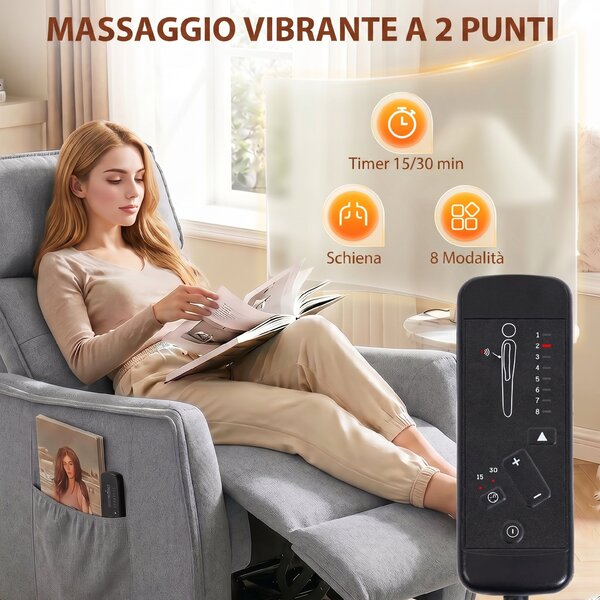 HOMCOM Poltrona Massaggiante Reclinabile Manuale in Tessuto Effetto Lino con Telecomando, Grigio Chiaro | Aosom Italy