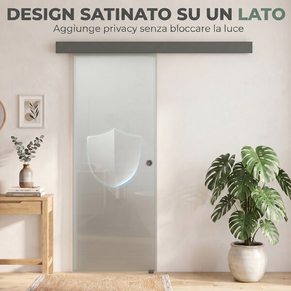 HOMCOM Porta Scorrevole Interna in Vetro Temperato Sabbiato con Binario Silenzioso, Guida, Kit Ferramenta, Trasparente | Aosom Italy