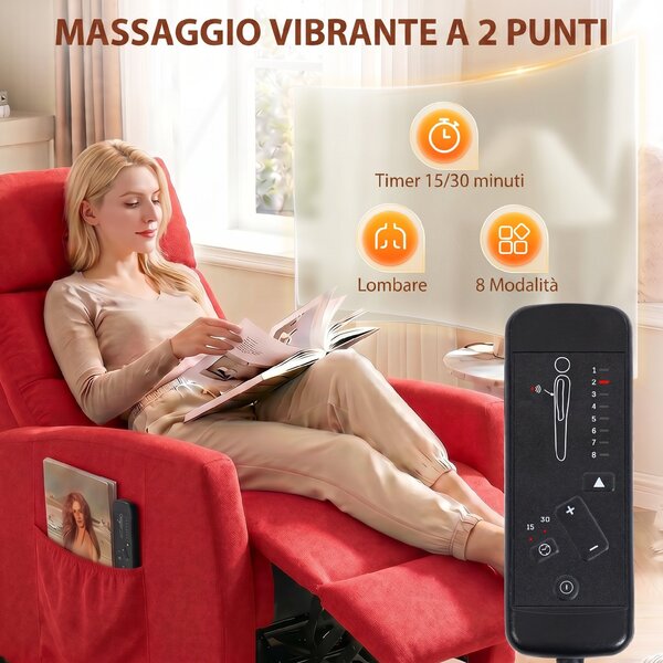 HOMCOM Poltrona Massaggiante con Poggiapiedi e Tasche, Reclinabile Manuale 160° in Ciniglia Telecomando, Rosso Vino | Aosom Italy