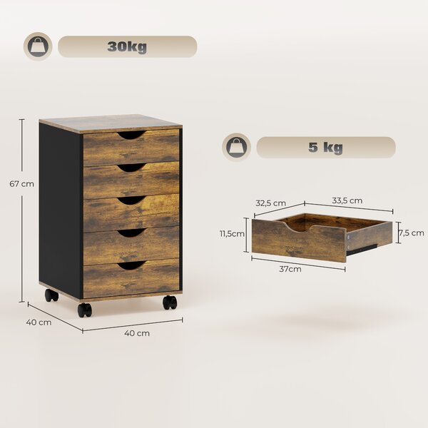HOMCOM Cassettiera da Ufficio a 5 Cassetti con Ruote Girevoli con Freni, 40x40x67 cm, Marrone | Aosom Italy