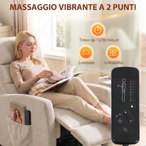 HOMCOM Poltrona Massaggiante con Poggiapiedi, Reclinabile Manuale 160° in Ciniglia con Telecomando e Tasche, Crema | Aosom Italy