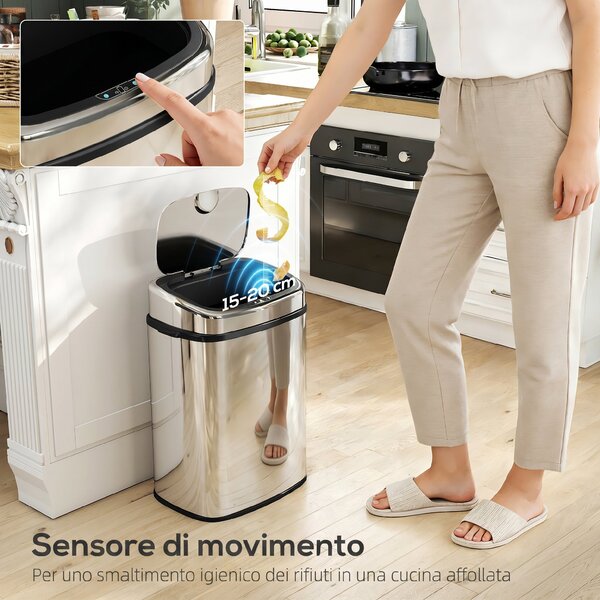 HOMCOM Pattumiera con Sensore a Infrarossi da 50L in Acciaio Inox con 2 Modalità di Apertura, Argento | Aosom Italy