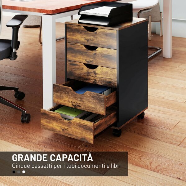 HOMCOM Cassettiera da Ufficio a 5 Cassetti con Ruote Girevoli con Freni, 40x40x67 cm, Marrone | Aosom Italy