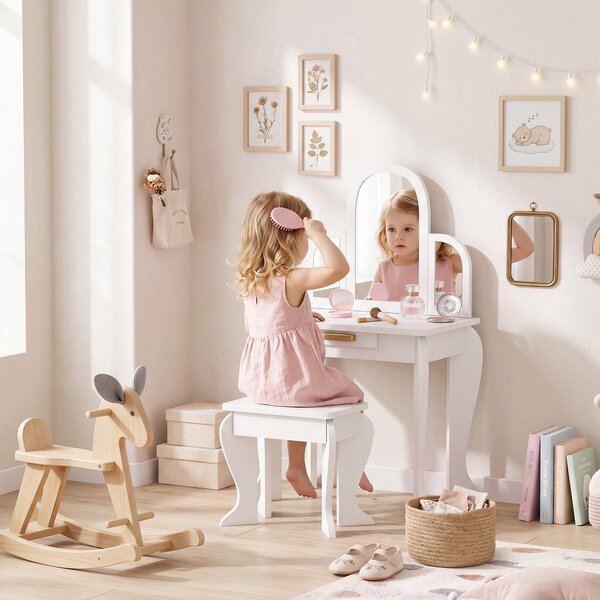 HOMCOM Tavolo per Trucco per Bambine 3-6 Anni con Sgabello, Cassetti e Specchio Coordinato in Acrilico, Bianco | Aosom Italy