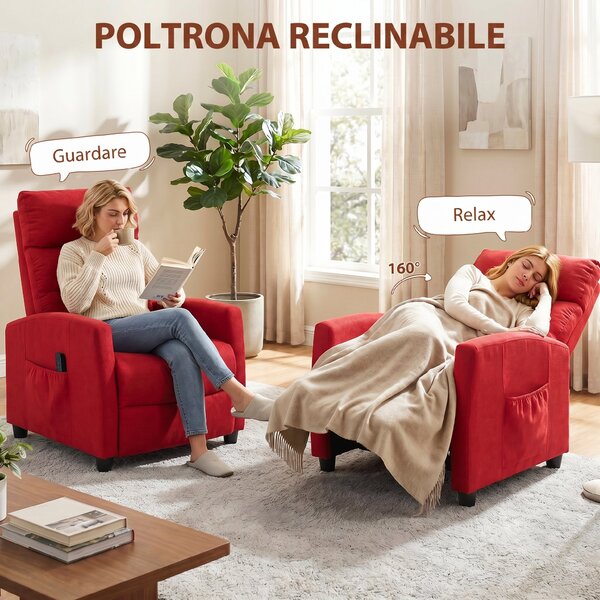 HOMCOM Poltrona Massaggiante con Poggiapiedi e Tasche, Reclinabile Manuale 160° in Ciniglia Telecomando, Rosso Vino | Aosom Italy