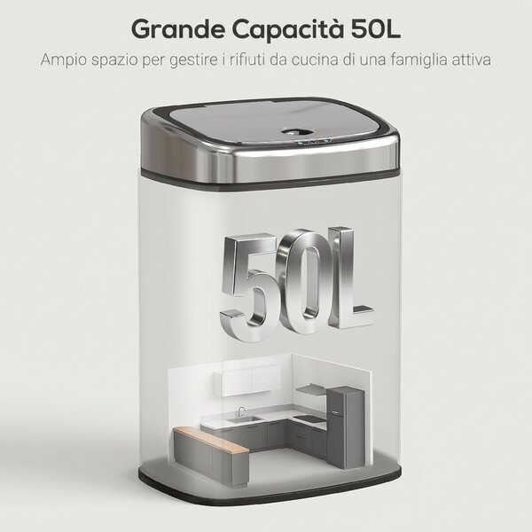 HOMCOM Pattumiera con Sensore a Infrarossi da 50L in Acciaio Inox con 2 Modalità di Apertura, Argento | Aosom Italy